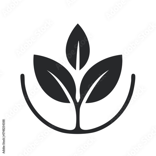 Simple black plant icon with three leaves representing growth nature and ecology