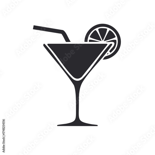 Stylized martini glass with straw and lemon slice graphic element