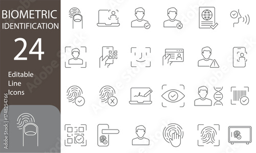 Biometric Identification Editable Line Icons Set. barcode, passport, biometric, and more. personal data related icons. Vector illustration