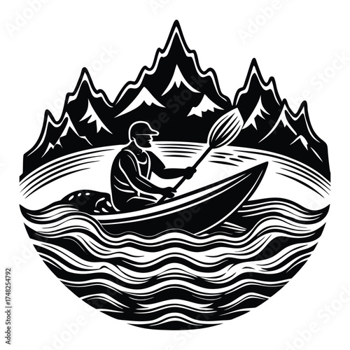 Kayaking Adventure Silhouette: Paddle Through Mountains, Waves, and Wilderness on White Background
