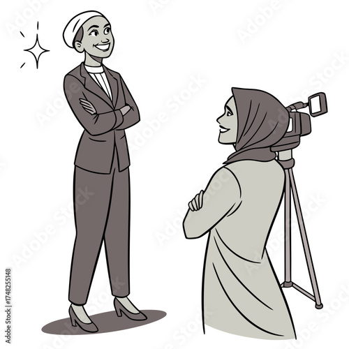 Illustration of Woman Being Filmed News Reporter Interview Videographer and Subject.