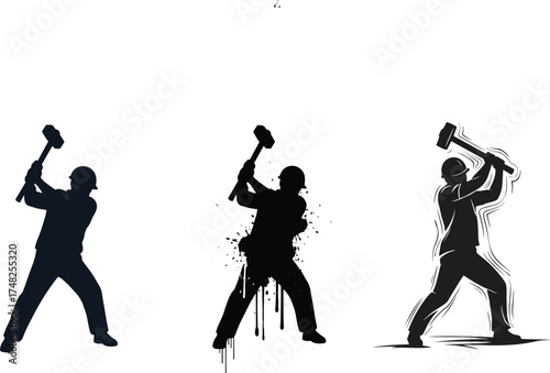 Silhouette, sledgehammer, worker, construction, strength, motion, impact, ink style, contour lines, gritty, action, dynamic, swing, labor, industrial, power, graphic, black, white, illustration