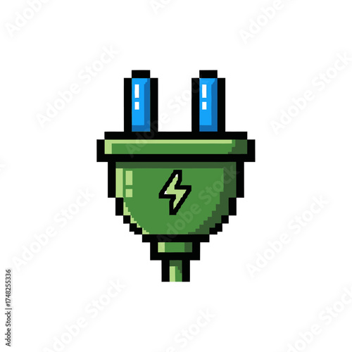 Pixel Art Green Electric Plug with Blue Prongs and Lightning Bolt Symbol.