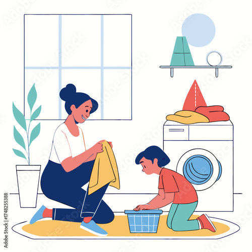 Laundry day cleaning chores mother and child housework cartoon illustration.