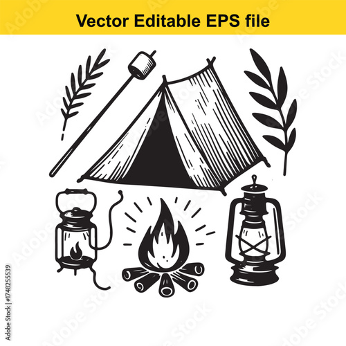 Vector art of hand drawn illustration of a camping scene with a tent, campfire, marshmallow on stick, and lanterns