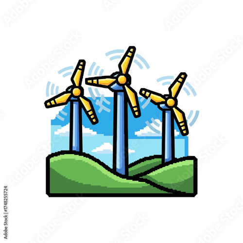 Wind Turbines on Green Hills Cartoon Illustration.