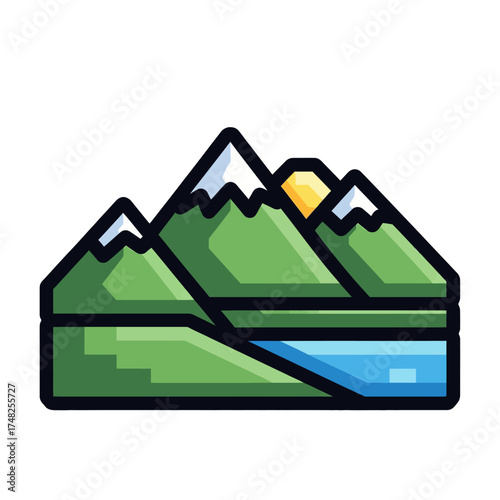 Vibrant Mountain Landscape with Lake and Sun Icon.