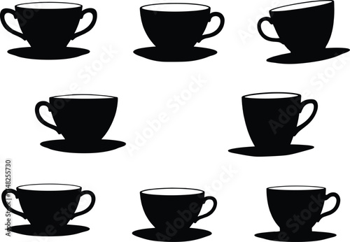 Teacup, coffee cup, silhouette, black, vector, icon, saucer, handle, minimal, kitchenware, drinkware, isolated, flat, design, elegant, vintage, modern, ceramic, utensil, beverage, collection, 