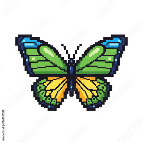 Pixelated butterfly with vibrant colors and intricate wing patterns, a digital art piece.