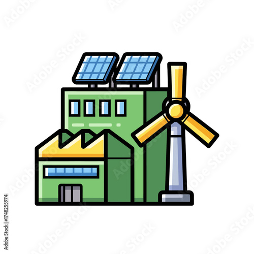 Sustainable Energy Factory with Solar Panels and Wind Turbine.