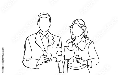 continuous line drawing of a businessman and businesswoman connecting two puzzle pieces.The concept teamwork,collaboration,problem-solving,and the synergy of a successful partnership.