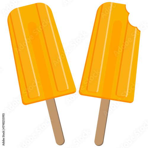 bitten popsicle, orange fruit popsicle, ice cream bar.