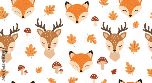 Cute woodland animals and autumn leaves pattern.