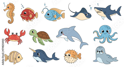 A vibrant collection of playful cartoon sea creatures.
