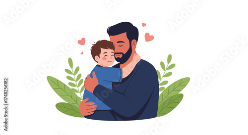 A father lovingly embraces his young child with a tender hug.