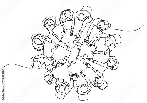 Continuous line drawing of a group of business people sitting in a circle assembling puzzle pieces together.Concept of teamwork,collaboration,partnership,unity,and problem-solving in business strategy