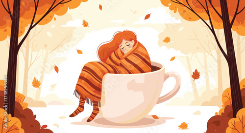 Cozy autumn scene with a woman wrapped in a blanket inside a teacup amidst falling leaves.