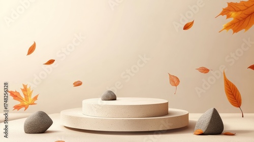Autumn leaves fall around a stone and beige podium; product display background