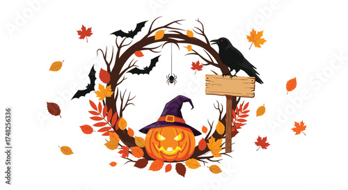 A Halloween wreath with a jack o lantern a crow and bats.