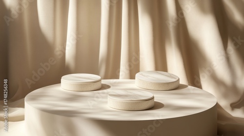 Beige podiums on platform, draped fabric backdrop, sunlight shadows, product display