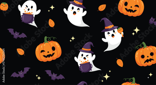 Cute ghosts and pumpkins with bats and stars on a black background.