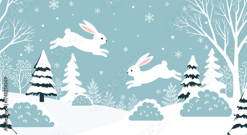 Two white rabbits leaping through a snowy winter forest scene.