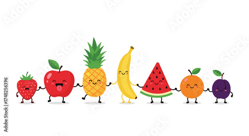 A collection of cheerful cartoon fruits holding hands and dancing.
