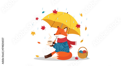 A cozy fox enjoying a warm drink under an umbrella during autumn.