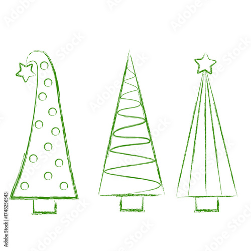 Three original Christmas trees in a childish doodle style.