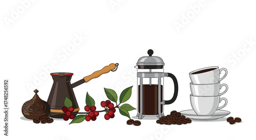 A collection of coffee making tools and ingredients.