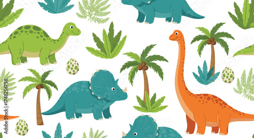 A colorful pattern with dinosaurs and palm trees.