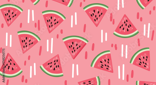 A delightful repeating pattern of pixelated watermelon slices on a pink background with white dashes.