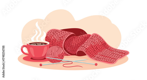 Cozy hobby knitting with a warm cup of coffee.