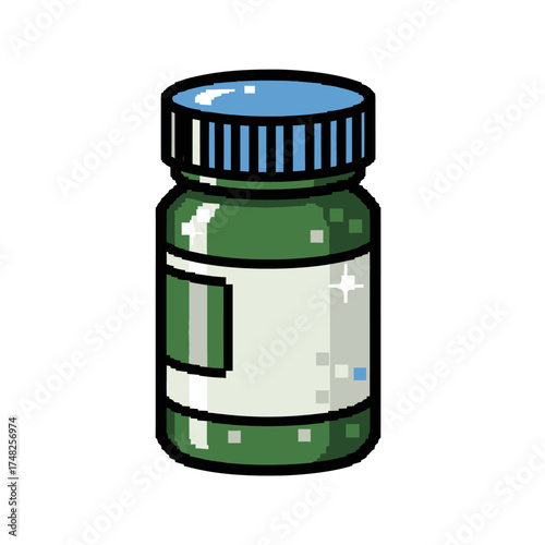 Green medicine bottle with blue cap, pixel art style illustration.