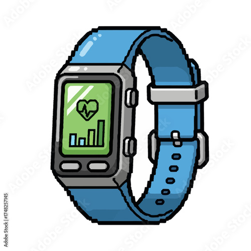 Pixelated blue smartwatch displaying health metrics for fitness tracking and monitoring.