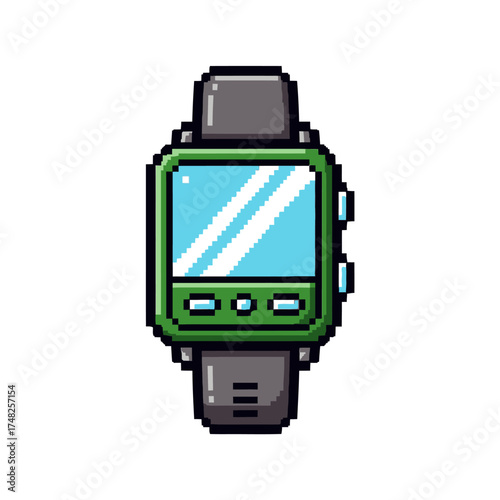 Green pixel art smartwatch with a digital display icon.