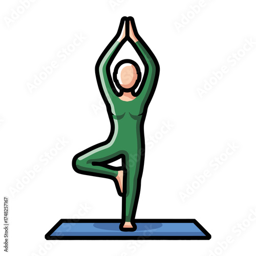 Person in green outfit performing yoga tree pose on blue mat.