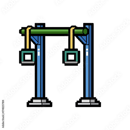Pixel art style blue and green gymnastics rings on a stand.