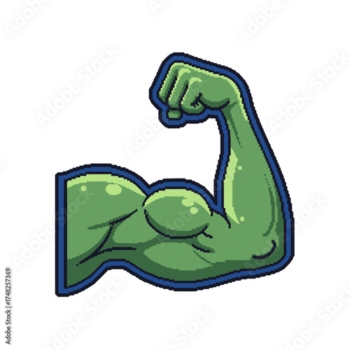 Green muscular arm flexing showing strength and power in cartoon style.