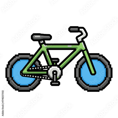 Green pixel art bicycle vector illustration isolated on white.