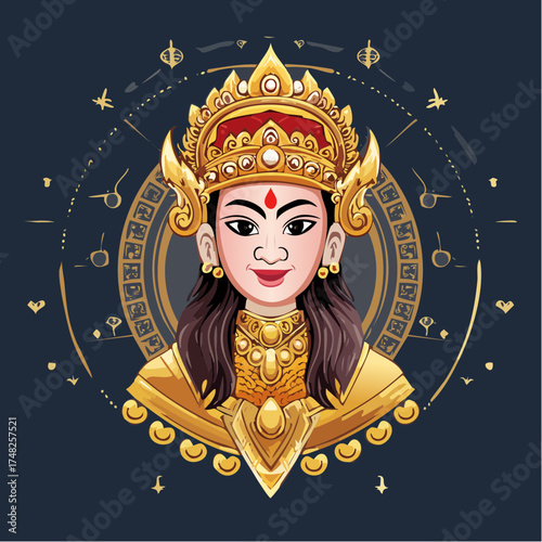 Majestic golden goddess illustration, a spiritual portrait of divine royalty adorned in rich traditional Asian attire with an ornate halo, symbolizing ancient culture and heritage