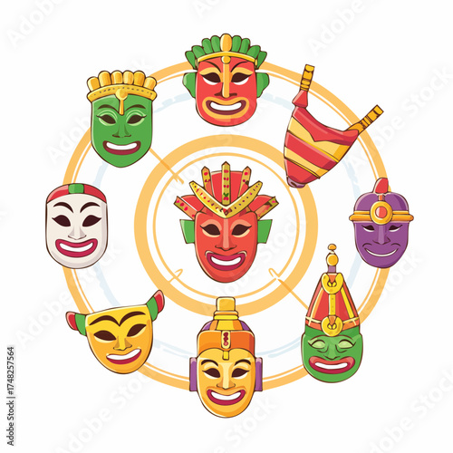 Vibrant collection of diverse traditional and festive masks arranged in a circular pattern, showcasing cultural heritage and celebratory artistry in a colorful array