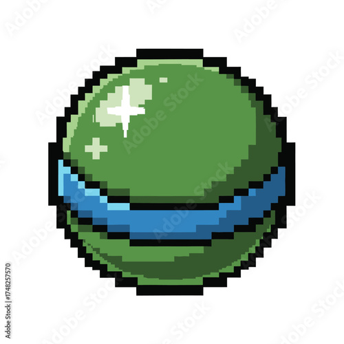 Pixelated Green Ball with Blue Stripe - Retro Game Item.