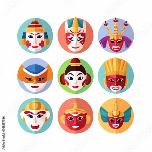 Collection of nine colorful, stylized, and diverse masks from various cultural traditions and theatrical performances displayed in a grid pattern