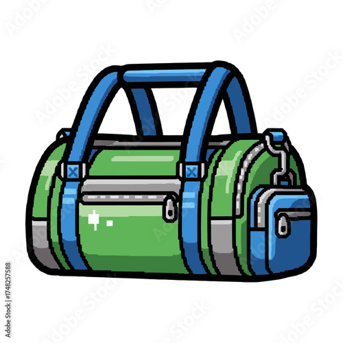 Green and blue duffel bag with zippers and straps.