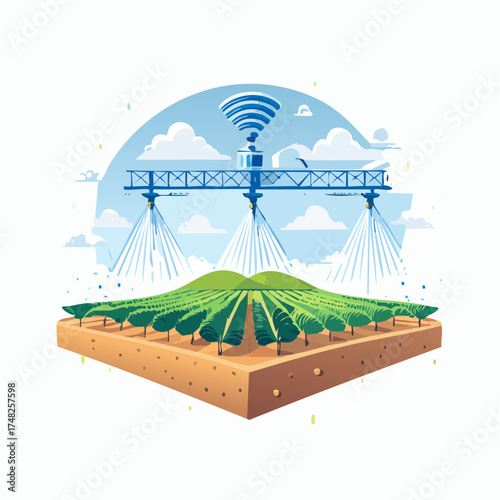 Automated irrigation system in field, utilizing wireless technology, modern agricultural techniques for crop production