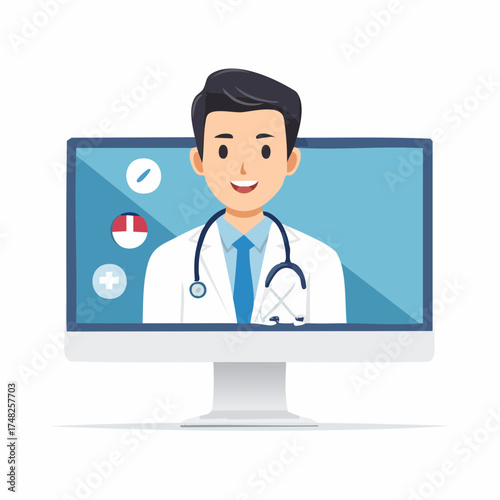 A friendly male doctor provides an online medical consultation from a computer screen, representing the concept of telehealth and virtual healthcare services
