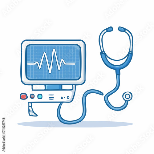 Cartoon illustration of a medical heart rate monitor displaying an ECG wave alongside a classic blue stethoscope, representing healthcare, cardiology, and essential diagnostic tools