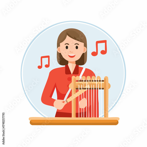 Weaving a Musical Melody A Woman's Artistic Expression with a Weaving Loom, Notes, and Creativity