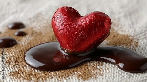 Wrapped Chocolate Heart with Melted Dark Chocolate on White Linen